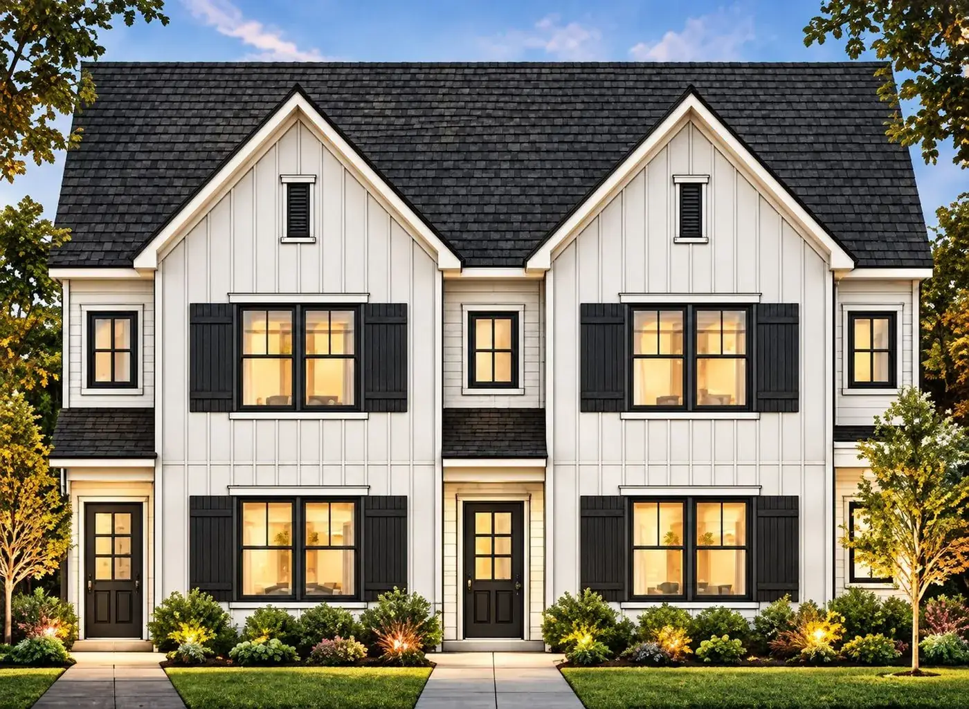 Alley-load duplex in Alabaster White with black windows and shutters